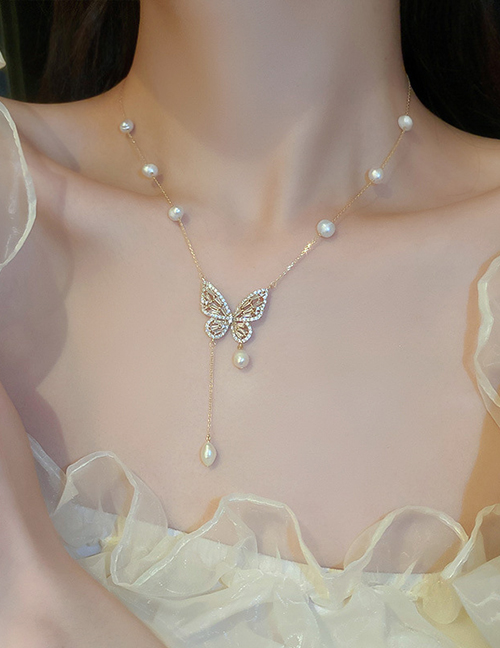 Collar Con Flecos De Mariposa De Circonio Con Engaste De Perlas Geométricas