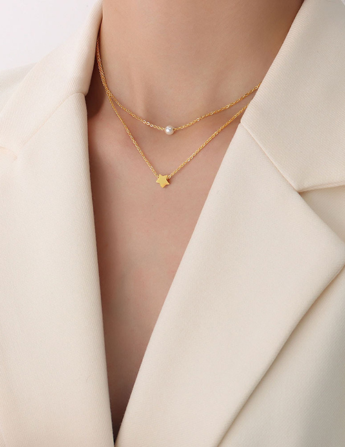 Collar Doble De Perlas De Estrella De Cinco Puntas Chapado En Oro De 18 Quilates De Titanio Y Acero