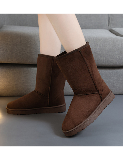 Fashion Brown Snow Boots Round Toe Low-heeled Flat-bottomed Plus Velvet Thick Cotton Shoes Mid-tube Long Tube