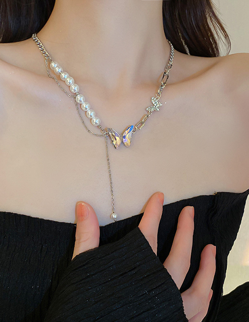 Collar De Perlas De Mariposa De Cristal De Diamante De Titanio