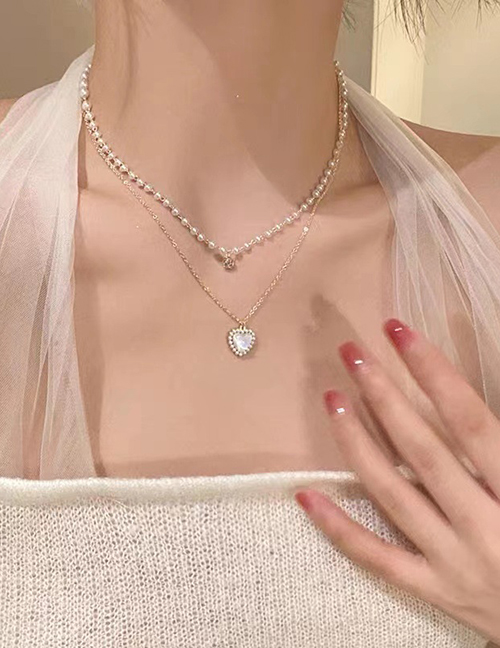 Collar Doble De Corazón De Diamantes Con Cuentas De Perlas De Titanio