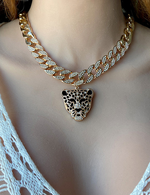 Collar De Cadena Cubana Con Cabeza De Leopardo Y Diamantes De Aleación
