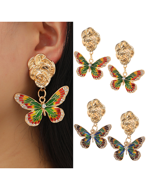 Aretes De Mariposa Con Diseño De Bloque De Color Y Diamantes De Goteo De Aleación