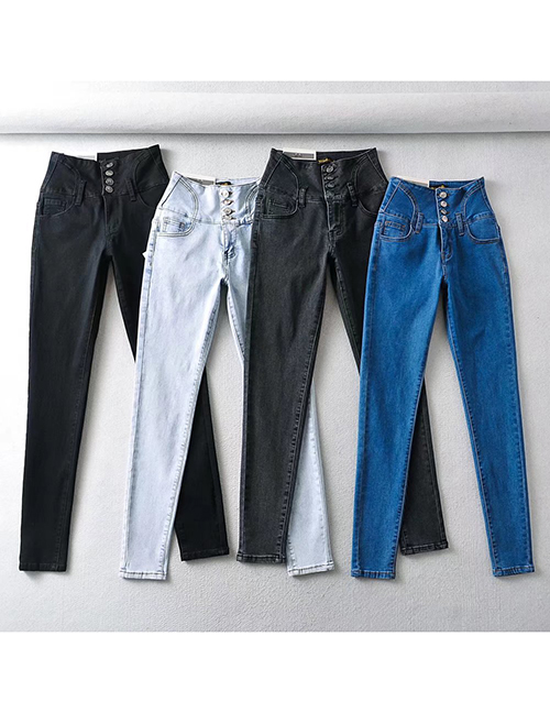 Jeans De Poliéster De Cintura Alta Con Tres Botones