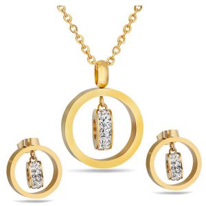 Conjunto De Collar Y Aretes Geométricos De Acero Titanio Con Incrustaciones De Diamantes De Imitación