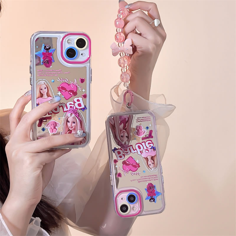 Funda Para Iphone Con Estampado De Barbie De Tpu + Cadena Para Teléfono Móvil Con Lazo De Cuentas