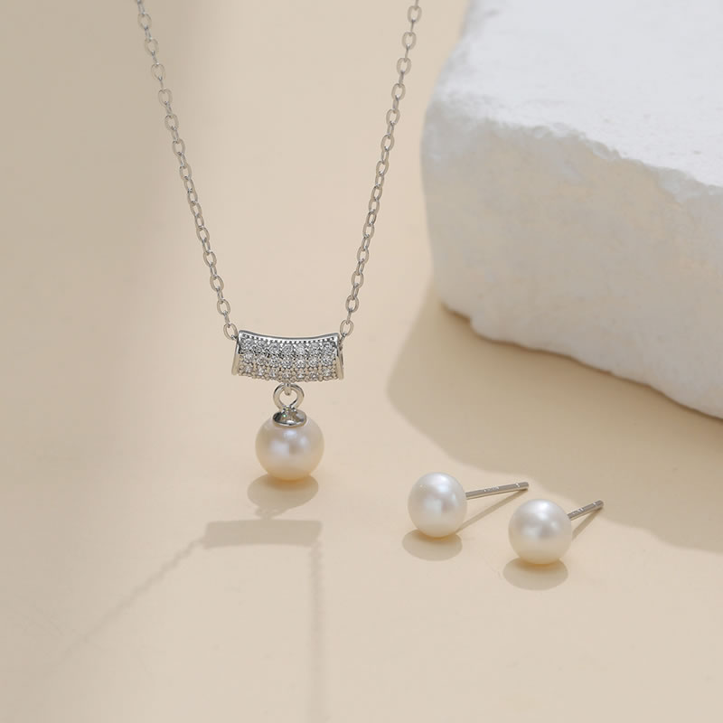 Conjunto De Aretes Y Collar De Perlas Geométricas Con Diamantes De Metal
