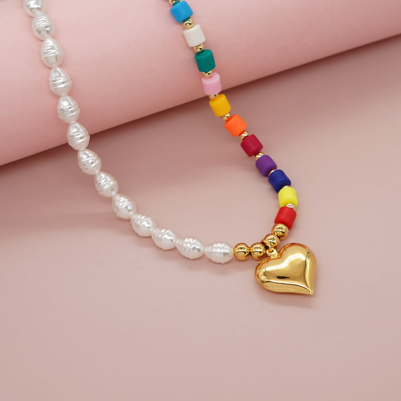 Collar De Corazón Con Cuentas Y Perlas De Mosaico De Arcilla De Colores