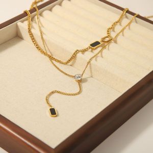 Collar Geométrico De Doble Capa En Forma De Y De Acero Titanio Bañado En Oro Y Diamantes