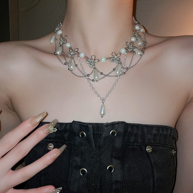 Collar Con Borlas Colgantes De Perlas Multicapa De Metal Y Diamantes