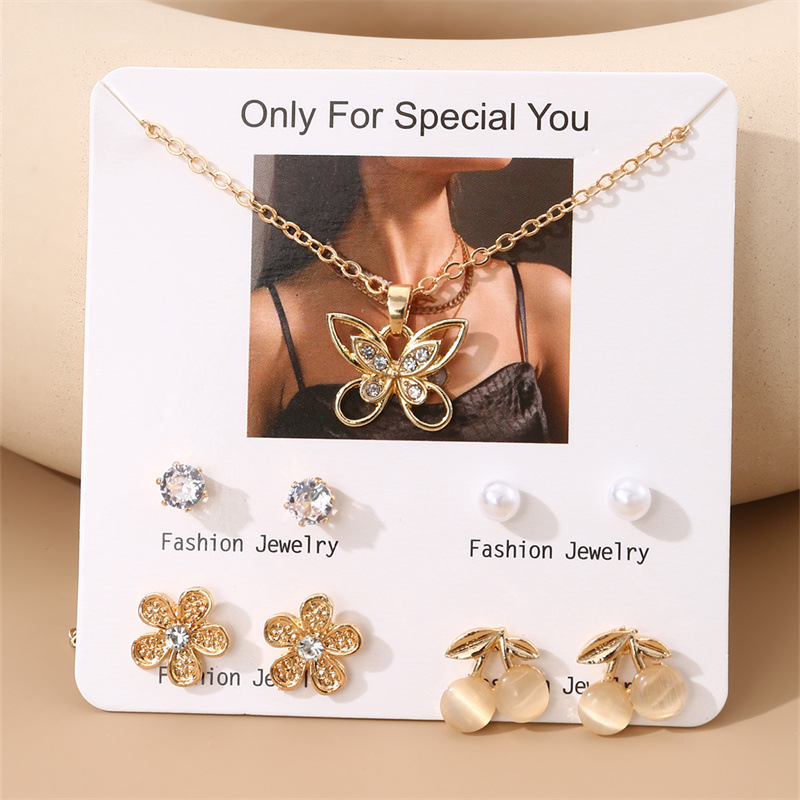 Conjunto De Collar Y Aretes De Aleación Con Flor De Diamante Y Mariposa Cereza