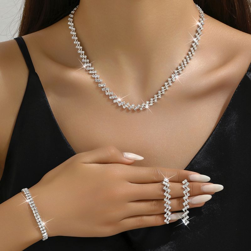 Geometric Diamond Necklace Earrings And Bracelet Set