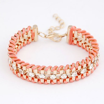 Electric Watermelon Red Metal Weave Decorated With Diamond Design Alloy Korean Fashion Bracelet