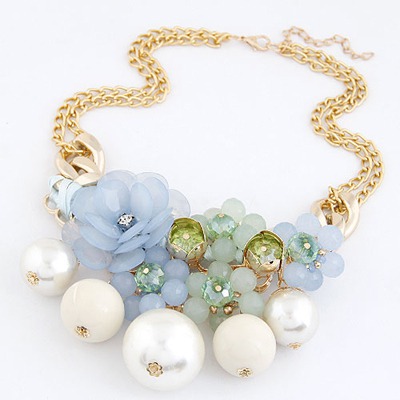 Art Light Blue Pearls&Flower Decorated Design Alloy Bib Necklaces