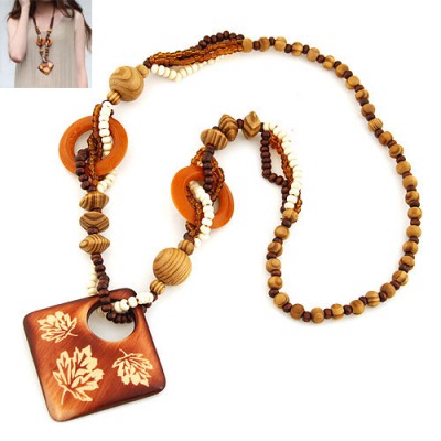 Fashion Coffee Square Shape Pendant Wood Beaded Necklaces