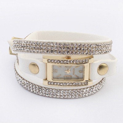 Waxing White Diamond Decorated Multilayer Simple Design PU Leather Ladies Watches