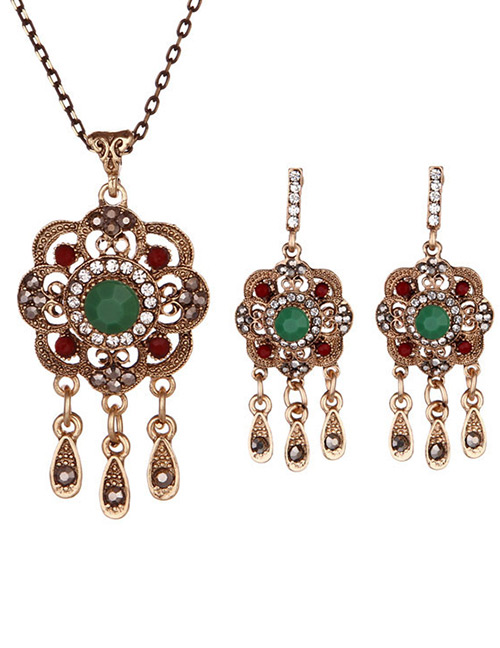 Vintage Green Hollow Out Decorated Jewelry Sets