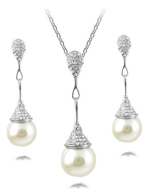 Fashion Silver Color Pearls&diamond Decorated Jewelry Sets
