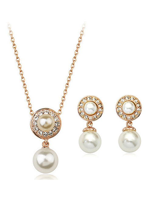 Elegant Gold Color Pearls&diamond Decorated Jewelry Sets