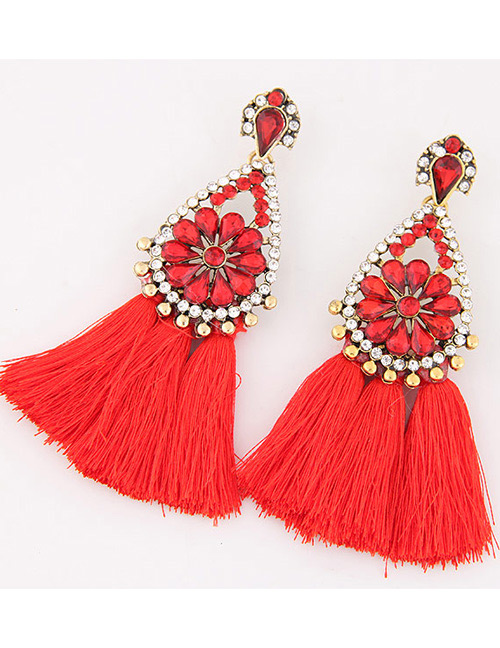 Fashion Red Diamond&tassel Decorated Simple Earrings
