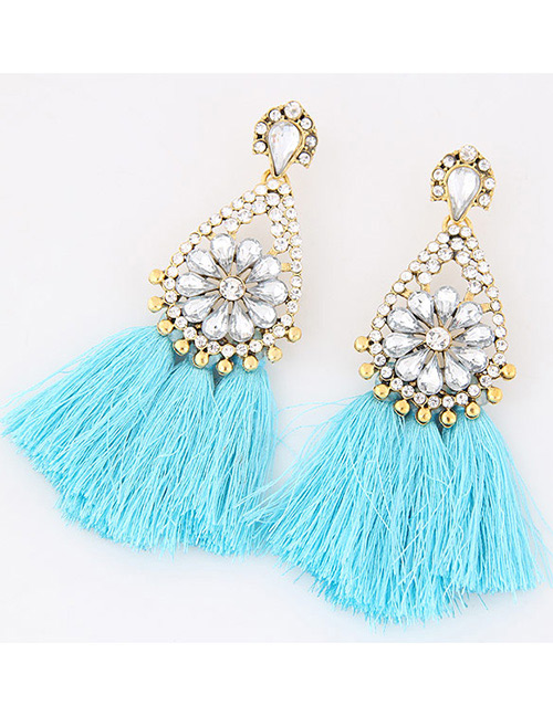 Fashion Light Blue Diamond&tassel Decorated Simple Earrings