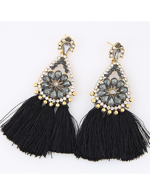 Fashion Gray+black Diamond&tassel Decorated Simple Earrings