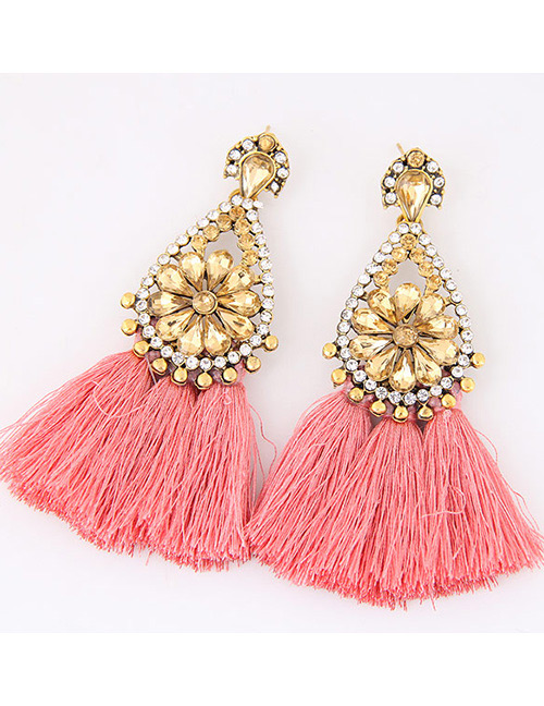 Fashion Pink Diamond&tassel Decorated Simple Earrings