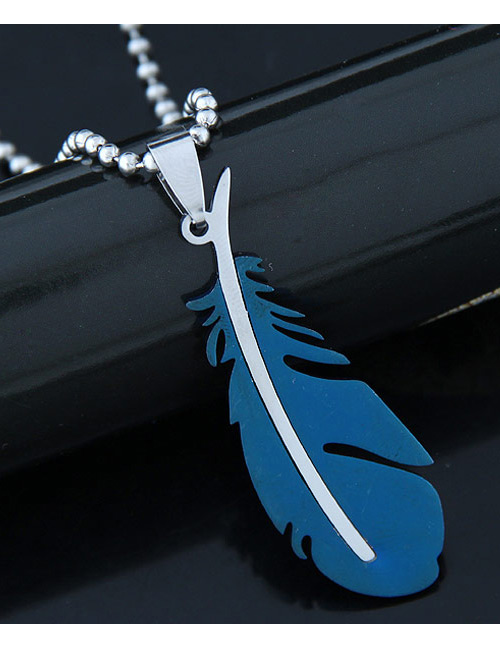 Trendy Dark Blue Feather Pendant Decorated Simple Necklace