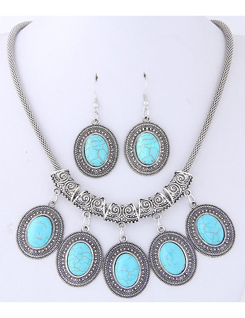 Fashion Blue Oval Shape Gemstone Decorated Jewelry Sets