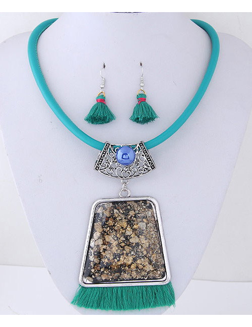 Trendy Green Tassel&gemstone Decorated Jewelry Sets