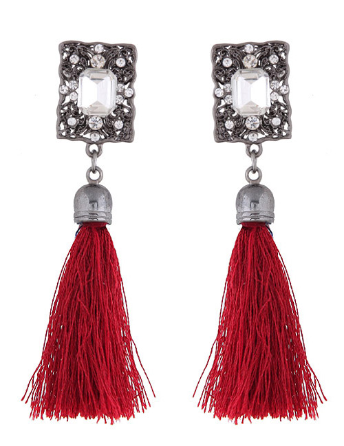 Bohemia Red Square Shape Decorated Tassel Earrings
