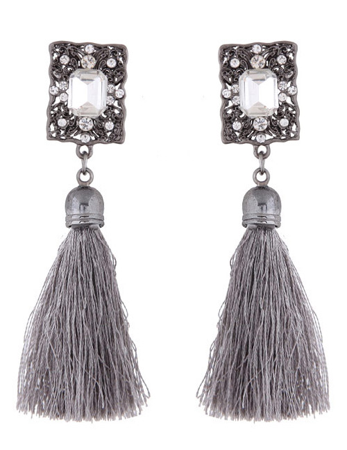 Bohemia Gray Square Shape Decorated Tassel Earrings