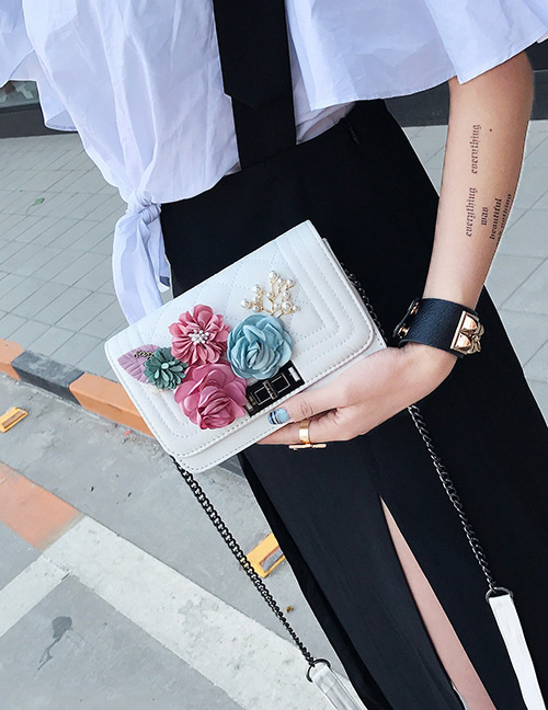 Fashion White Pearl&flower Decorated Square Shape Pure Color Shoulder Bag
