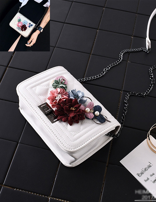 Fashion White+red Flower Decorated Square Shape Pure Color Shoulder Bag
