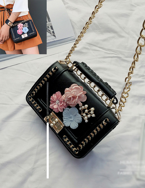 Fashion Black Flower&chain Decorated Pure Color Shoulder Bag