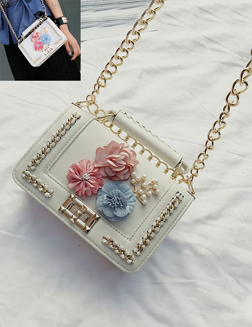 Fashion White Flower&chain Decorated Pure Color Shoulder Bag