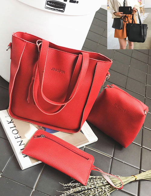 Fashion Red Tassel Decorated Pure Color Handbag (4 Pcs)