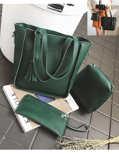 Fashion Green Tassel Decorated Pure Color Handbag (6 Pcs)