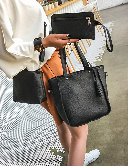Fashion Black Tassel Decorated Pure Color Handbag (8 Pcs)