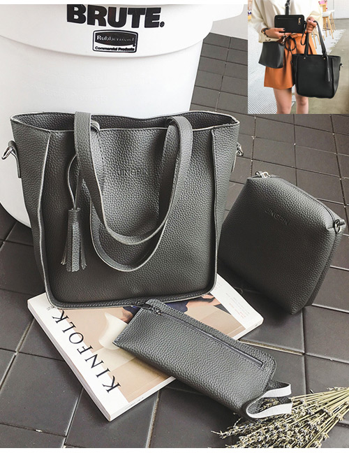 Fashion Dark Gray Tassel Decorated Pure Color Handbag (9 Pcs)
