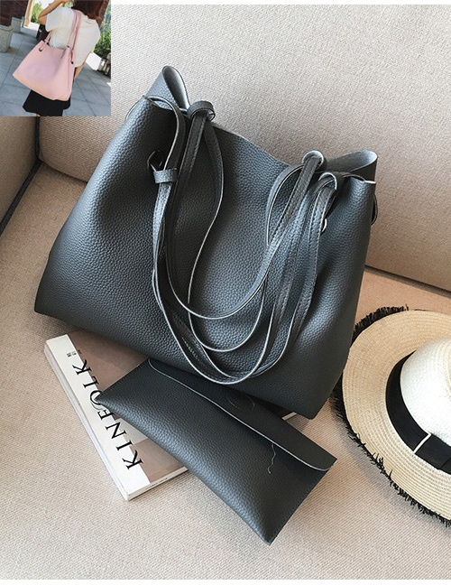 Fashion Dark Gray Rectangle Shape Decorated Pure Color Shoulder Bag (2 Pcs)