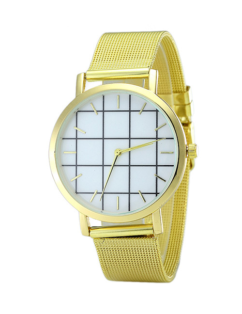 Fashion Gold Color Plaid Pattenr Decorated Pure Color Watch
