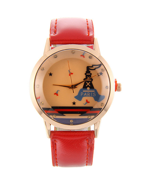 Fashion Red Tower Pattern Decorated Pure Color Watch
