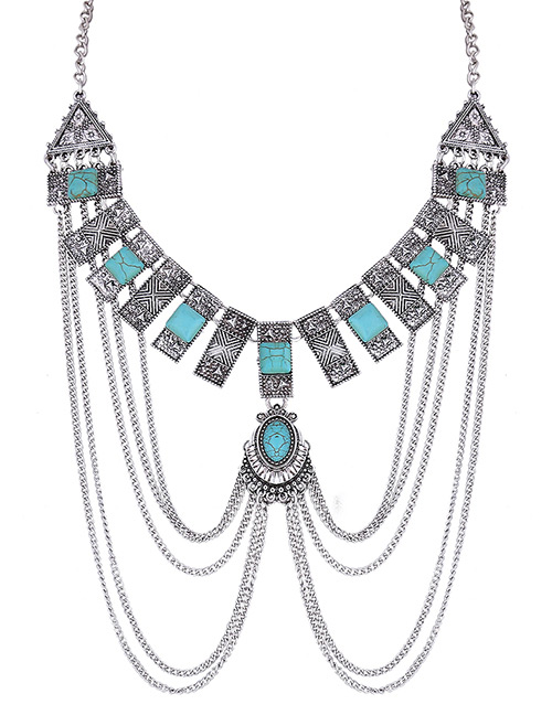 Retro Blue Geometric Shape Decorated Necklace