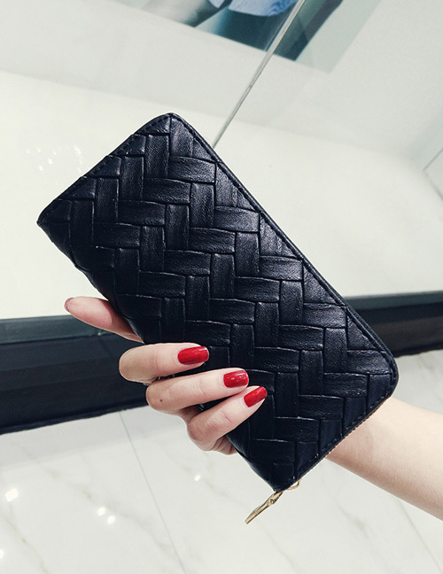 Fashion Black Pure Color Decorated Weave Shape Wallet