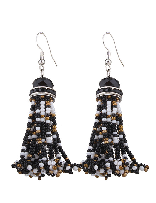 Fashion Black+white Bead Decorated Tassel Shape Simple Earrings