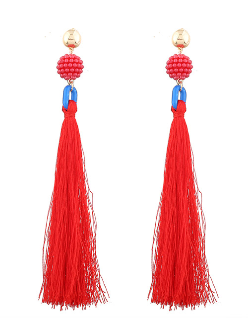 Fashion Red Tassel&bead Decorated Simple Earrings