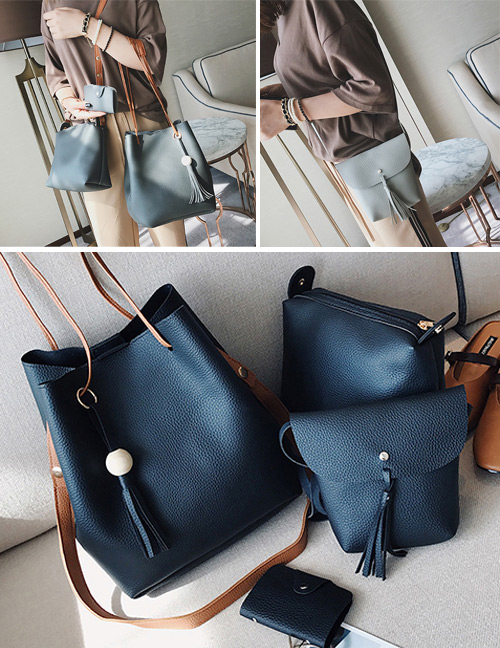 Fashion Black Tassel Decorated Pure Color Shoulder Bag(4pcs)