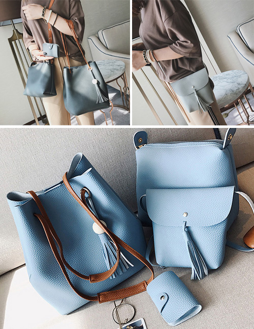 Fashion Blue Tassel Decorated Pure Color Shoulder Bag(4pcs)