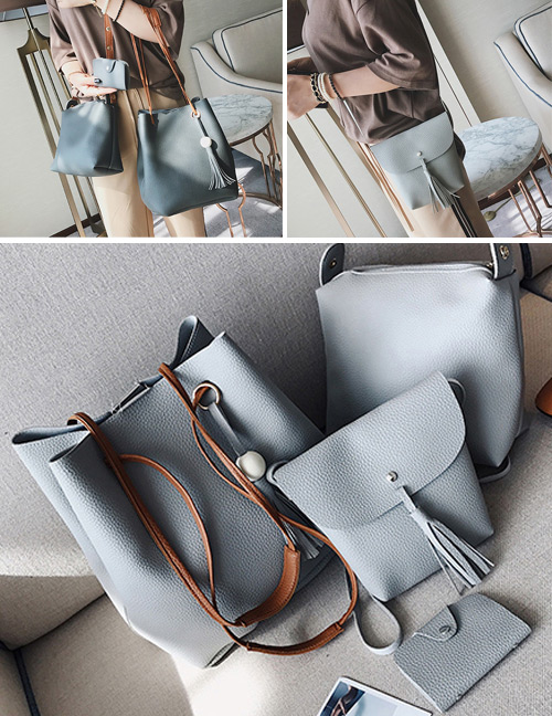 Fashion Gray Tassel Decorated Pure Color Shoulder Bag(4pcs)
